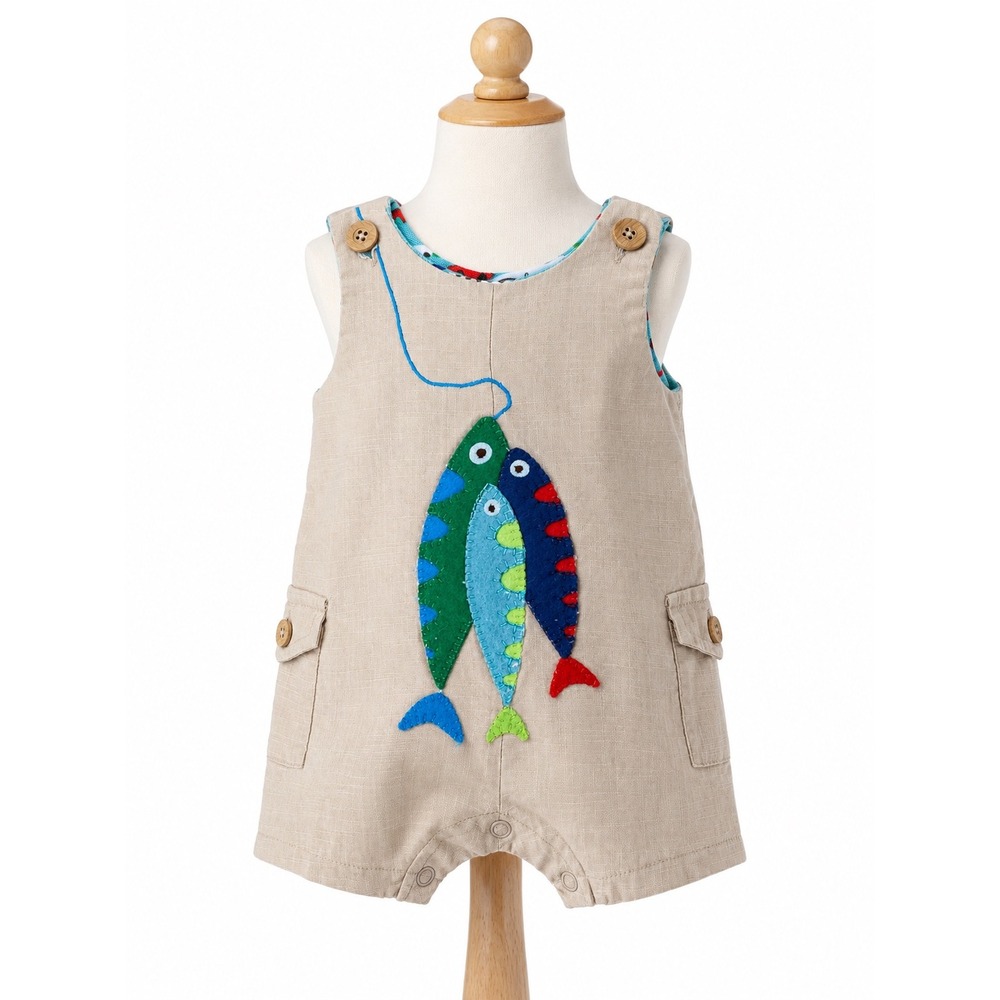Mud Pie Baby 0-6M Fish Applique Romper Linen Look Coastal Nautical One Piece